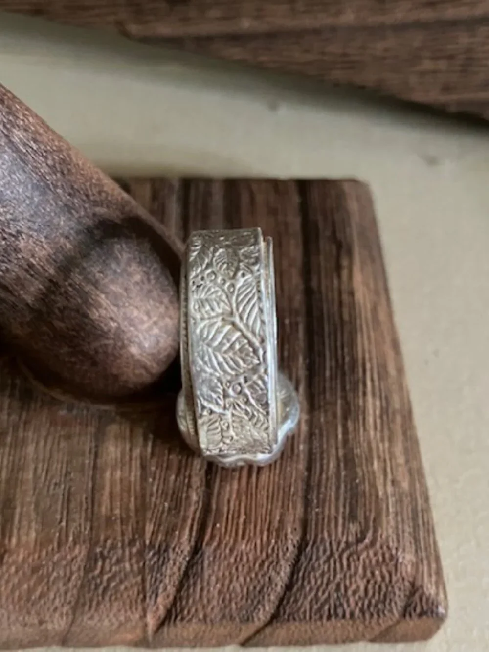Artisan Rose and leafy band Ring in mixed metals